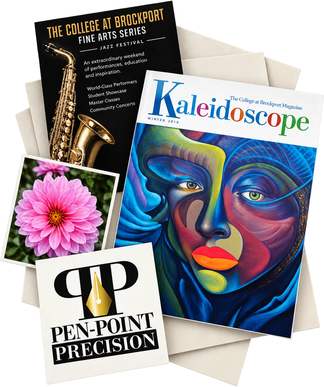 The Fine Arts Series jazz festival flyer, Kaleidoscope magazine with a painted face on the cover, a pink dahlia photograph and the Pen-Point Precision logo