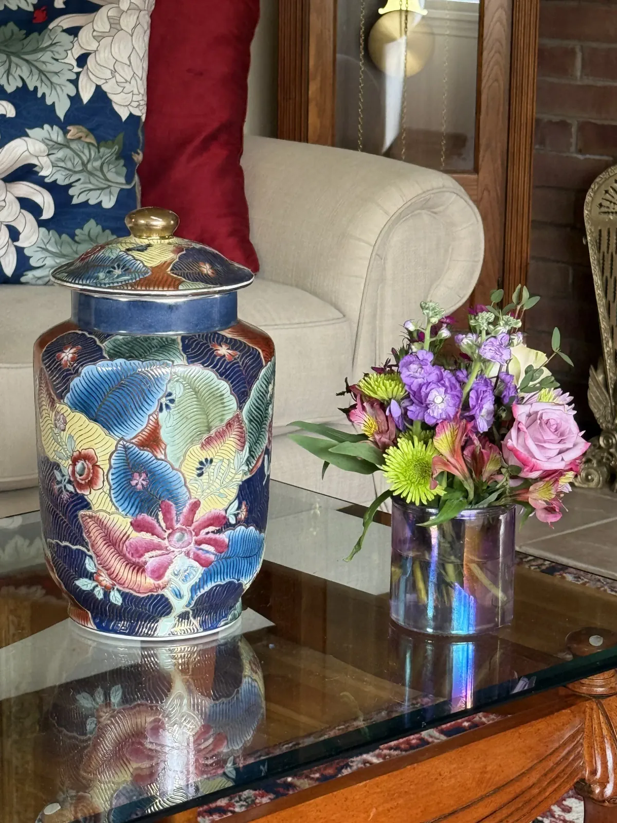 Flowers in a blue and white vase, photograph