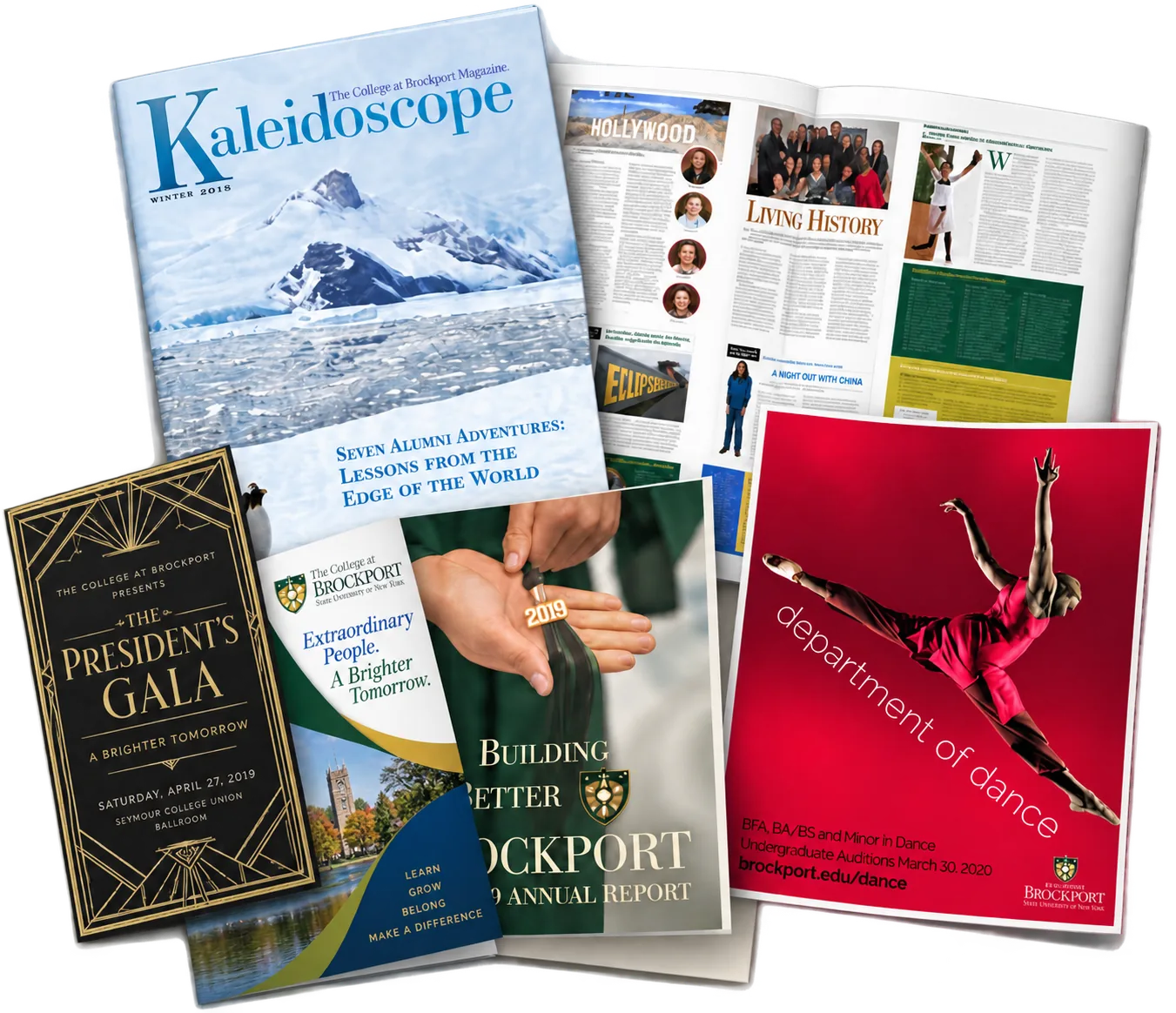 Kaleidoscope magazine and its open spread, the President's Gala invitation, a College at Brockport brochure, the Building Better Brockport annual report, and the Department of Dance poster