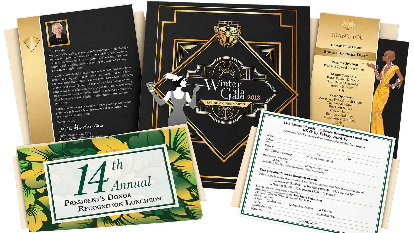 The Winter Gala 2018 invitation with its letter and program, and the 14th Annual President's Donor Recognition Luncheon invitation with its RSVP card