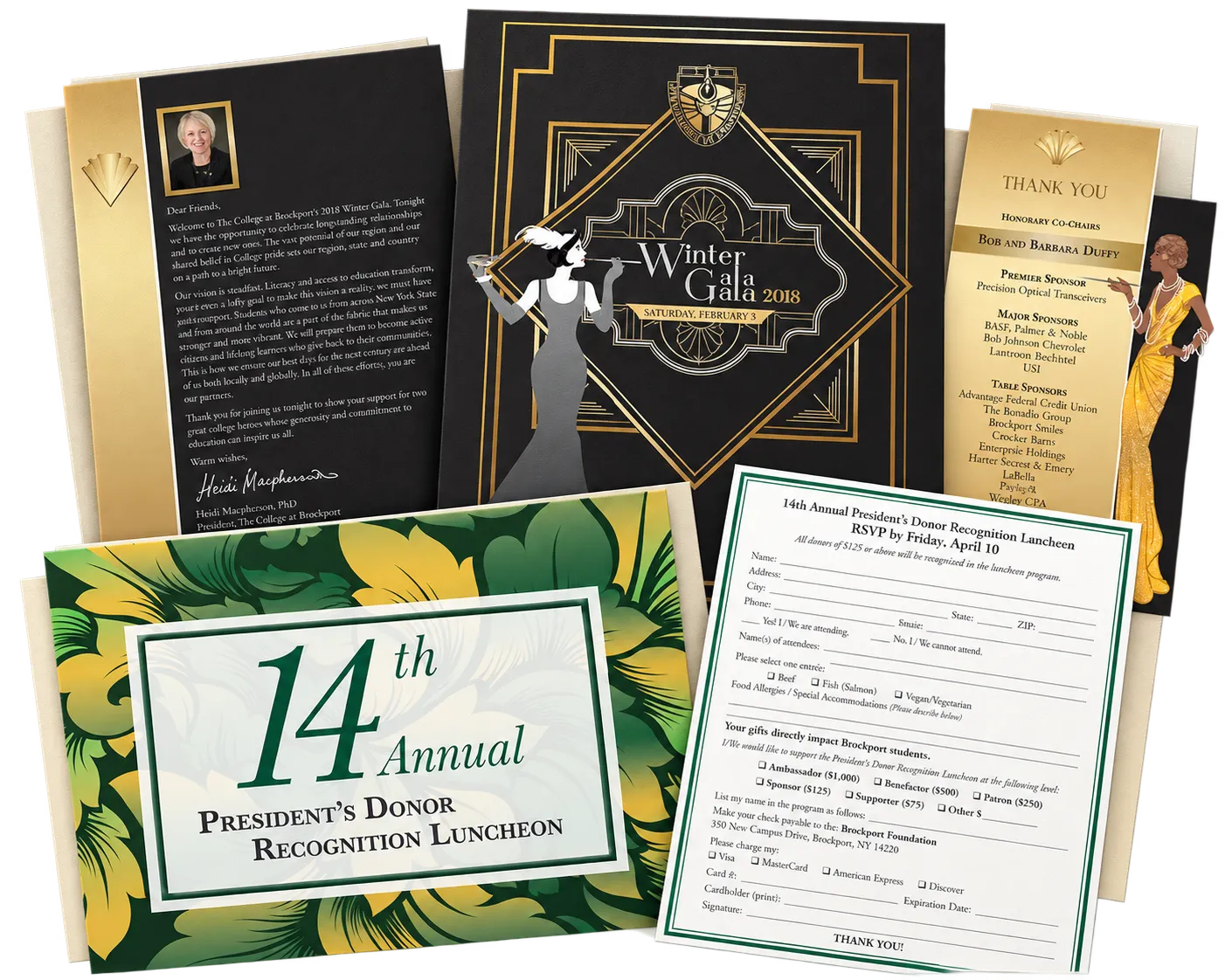 The Winter Gala 2018 invitation with its letter and program, and the 14th Annual President's Donor Recognition Luncheon invitation with its RSVP card