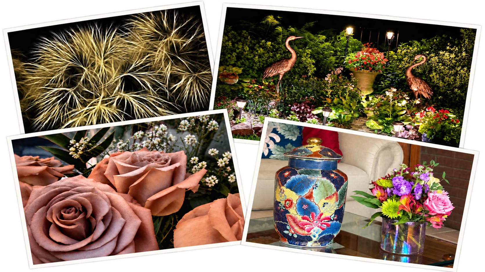 Photographs of a palm lit at night, a garden at night with heron sculptures, roses, and a painted ginger jar beside a vase of flowers