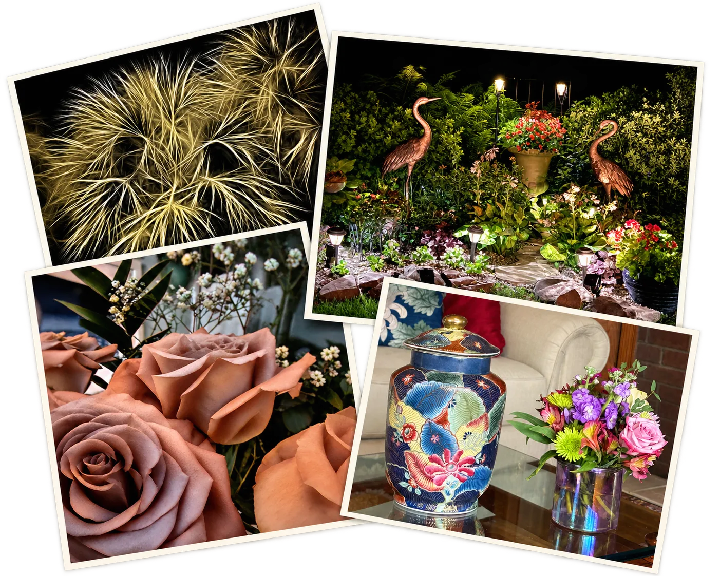 Photographs of a palm lit at night, a garden at night with heron sculptures, roses, and a painted ginger jar beside a vase of flowers